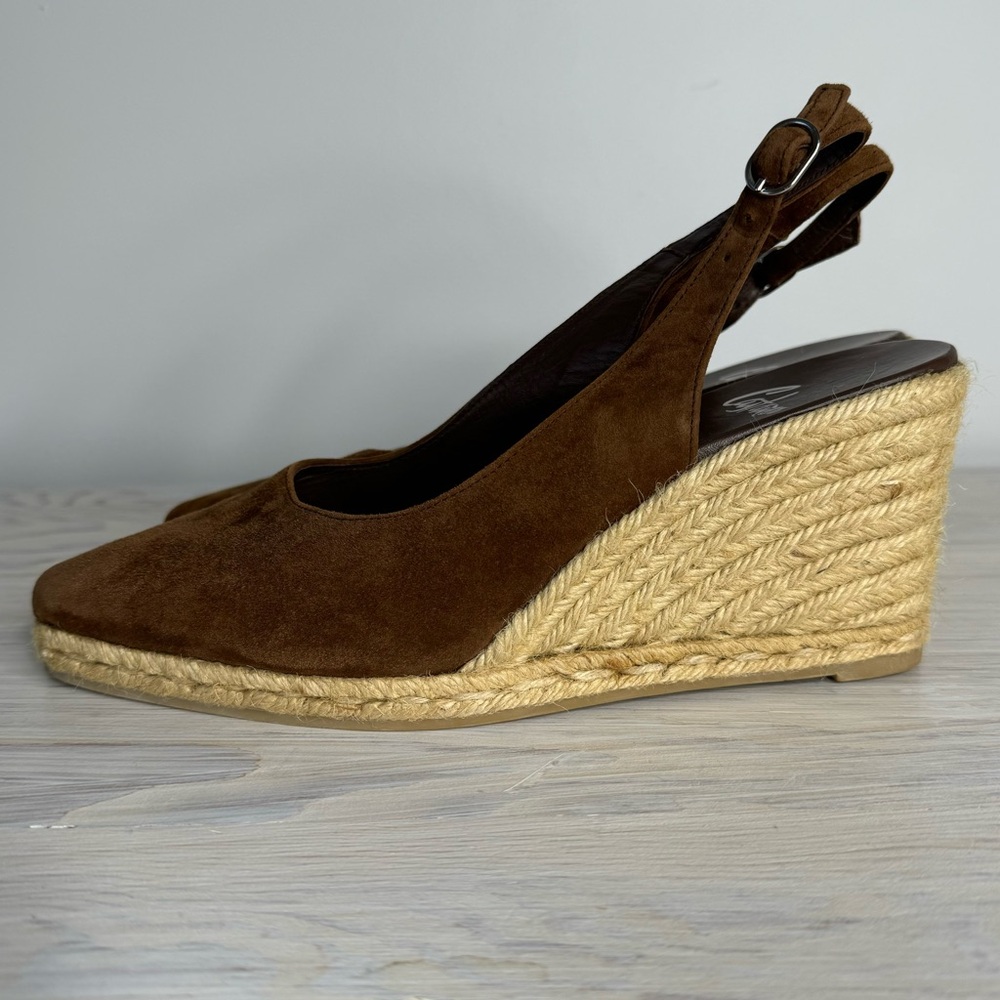 Castaner Chocolate Brown Suede Pointed Toe Sling-back Minimalist Resort Wedges